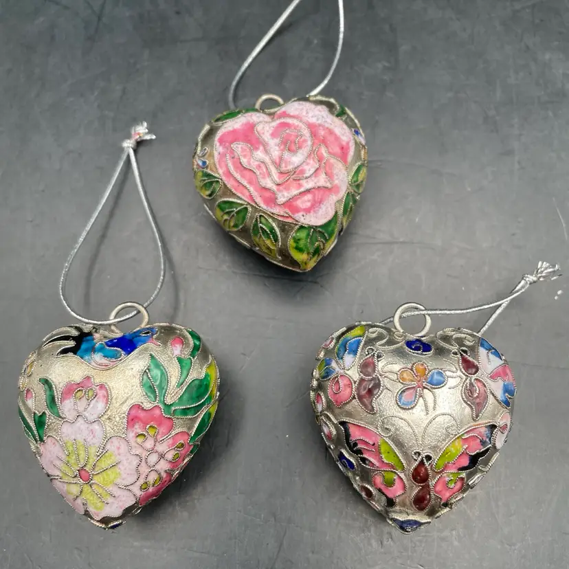 VTG Set Of 3 Metal Cloisonne Heart Shaped Ornaments
