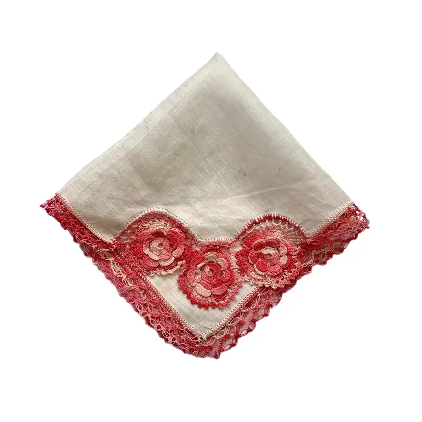 3D Floral Lace Bridesmaid Handkerchief Linen Pink Variegated Cottage Core Vintage