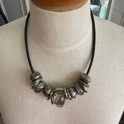 Vtg Large Black & White Crackled Glass Beaded Chios Necklace