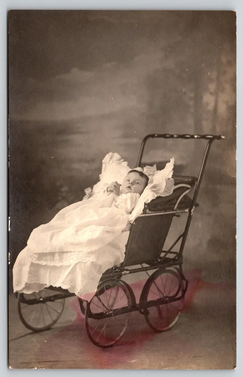 Postcard RPPC Baby Reclining in Pram Real Photo Children Baby Carriage - 9244