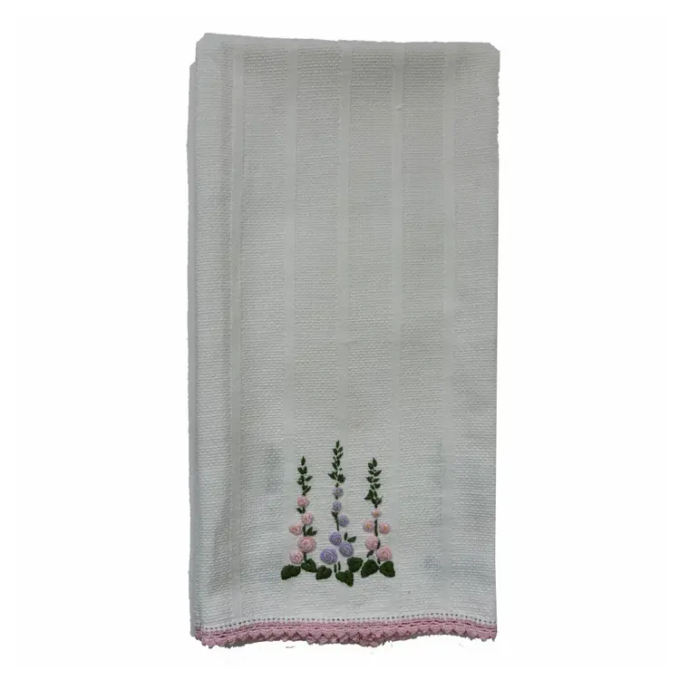 Embroidered Floral Tea Towel Hand Fingertip Cotton Cottage Core Vintage Shabby Décor