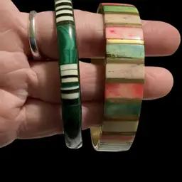 Set Of Two Vintage Brass Bangles. Gorgeous Wide Band Multi Colored Dyed Bovine Inlay Bangle. And Thinner Band Bangle With Malachite Inlay.