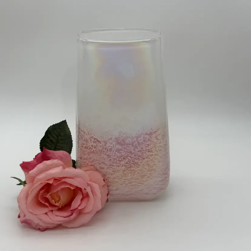 Vtg. Teleflora’s Blushing Gemstone Pink Opalescent Hand Blown Square Flower Vase