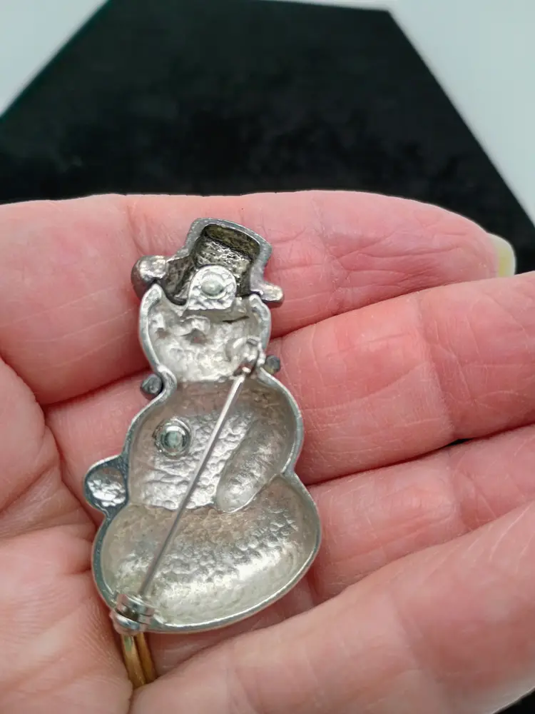 JG Hook Made in the USA Silver Tone Snowman Brooch Pin With Rhinestone Eyes