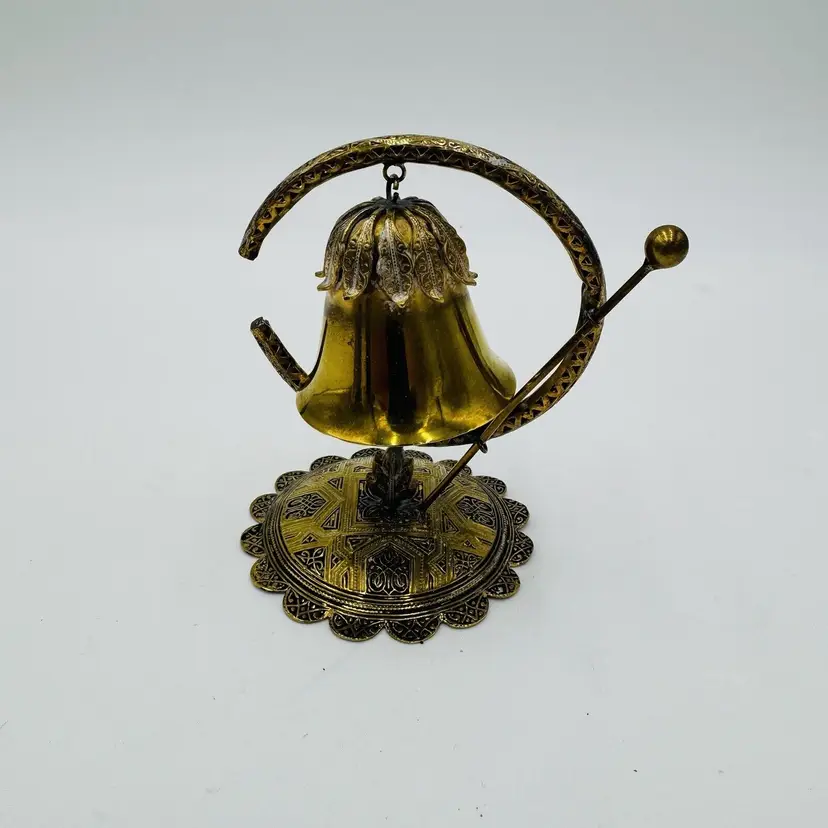 Brass Miniature Gong Ornate Bell Embossed 4”H Vintage Home Decor
