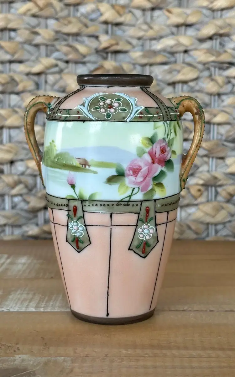 Antique Nippon Moriagi Two Handled Vase, Morimura, Moriage Japan, 5" Tall