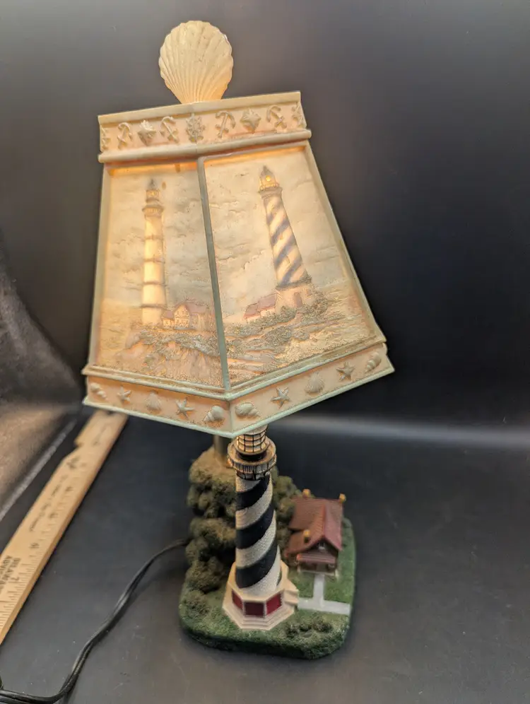 Vintage Nautical Themed Biston Lighthouse Lamp W/Lithopane Shade 11.5”.
