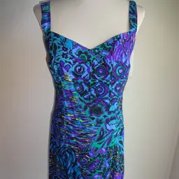 Vintage 1980s Juniors Womens Young Edwardian Dress 11 XS S Purple Blue Green USA Flowers Shapes Swirls