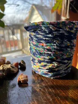 Blue and yellow w/ pink flowers fabric cache pot