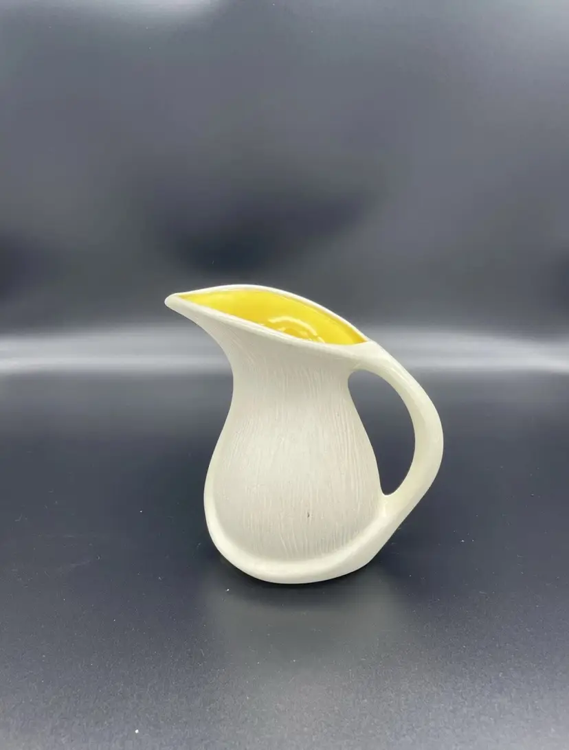 Vintage Small White & Yellow Ribbed Ceramic Flower Vase Signed