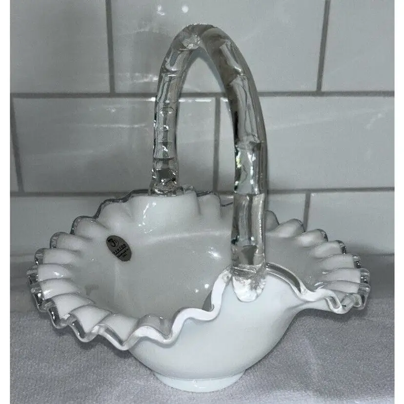 Vintage Fenton Silver Crest Basket With Faux Bamboo Glass Handle-Repaired