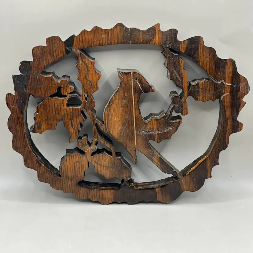 Wooden Trivet Or Wall Decor With Bird And Holly Leaves