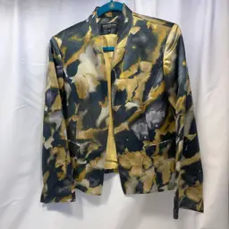 #1742 Jones of New York, Collection Jacket, Size 12, Ladies Lined Jacket, Black, Brown & Gold Swirls splats Marbled, False Pockets Short Manderin Neck