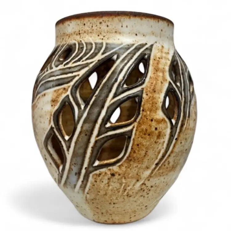 Vtg Featherbed Mountain Kentucky Art Pottery Stoneware Cutout Signed Boho Vase