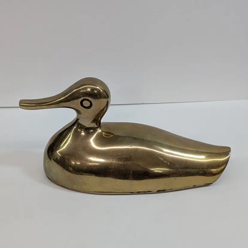 Vintage Brass Duck Swimming Large Eye Figurine Paperweight Rustic Cottagecore