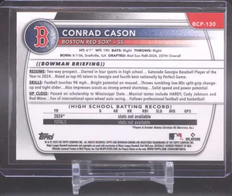 2025 Bowman Chrome Orange Refractor /25, Conrad Cason, Boston Red Sox