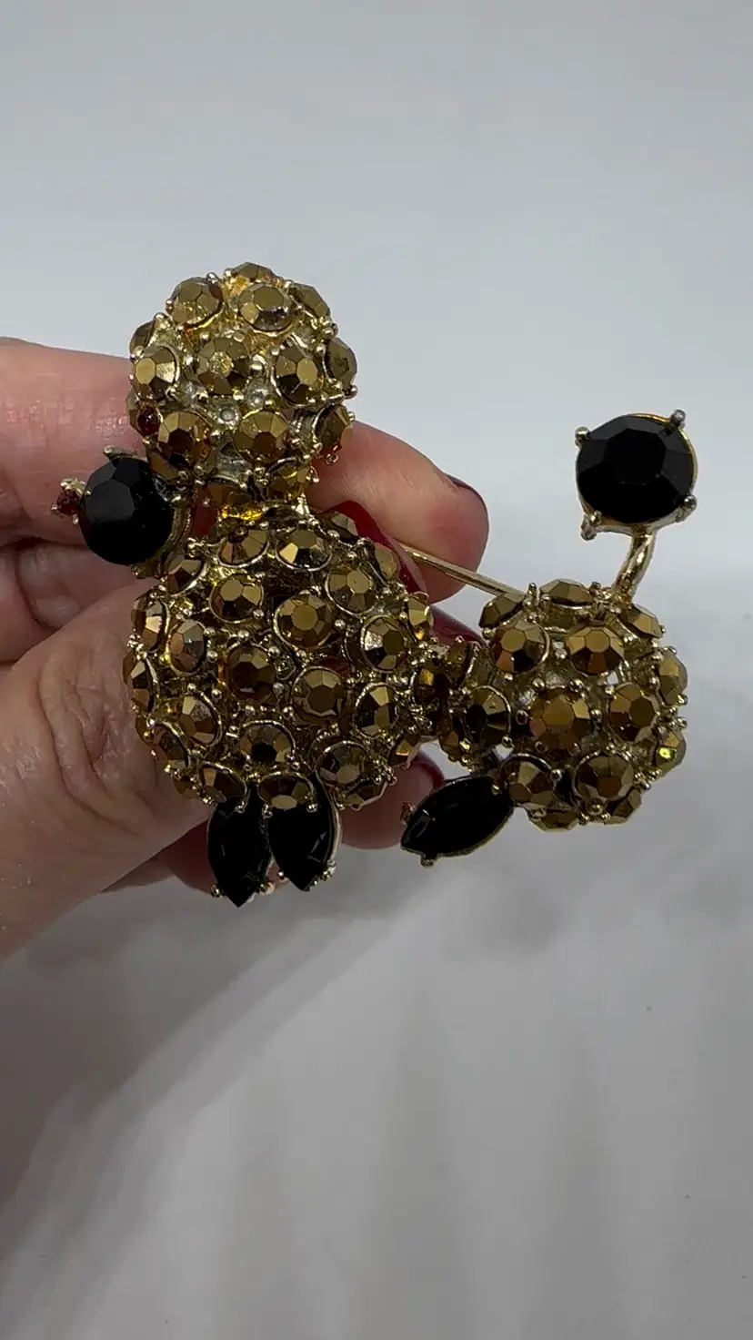 Vintage Gold & Black Rhinestone Poodle Brooch 1950s