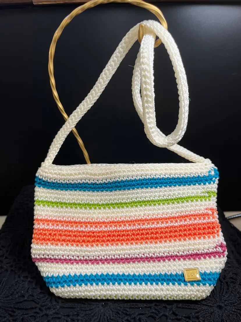 The Sac. Polyproylene-HAPPY Colors Striped Shoulder Bag. Boho. Inside Side Zipper Pocket. W/ Credit Card Organizer on Other Side.