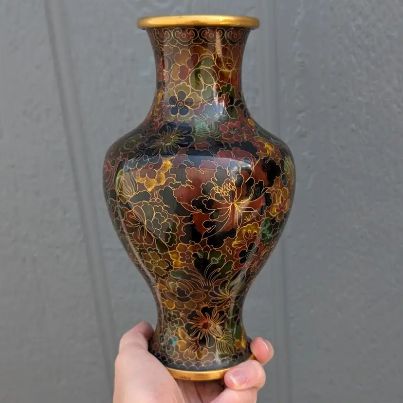 Vintage Chinese Cloisonné Enamel Vase Floral Design Maroon Cobalt Green 9.25”