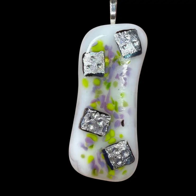Dichroic Glass On White Floral Glass Pendant