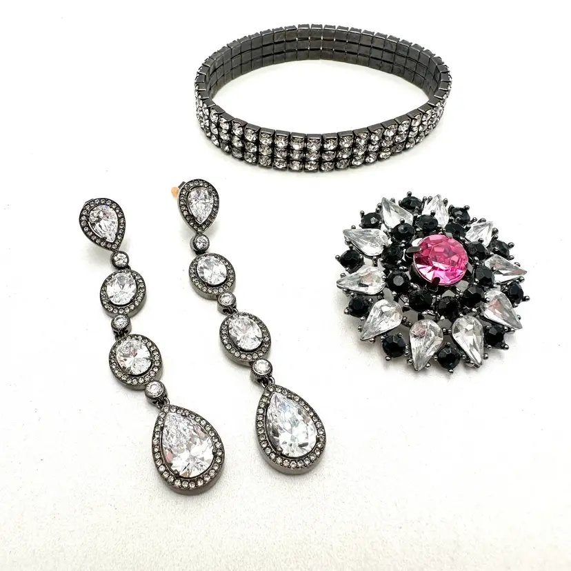 Nadri Signed Earrings Pink Black Brooch Rhinestone Stretch Bracelet Gunmetal Tone Bridgerton Inspired Jewelry Lot