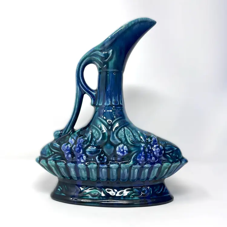 Vintage Jim Beam Majolica Flower Basket Decanter, 156 Months Old Bot. 1962, Indigo Blue & Turquoise, 9.5" Tall, NO STOPPER