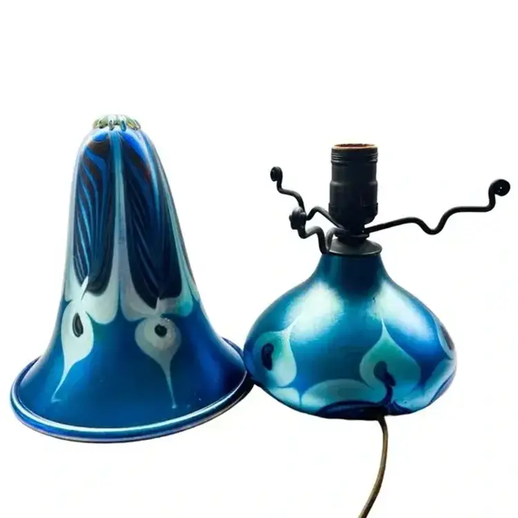 Vintage Carl Radke Art Glass Bell Shade Blue Signed Table Lamp