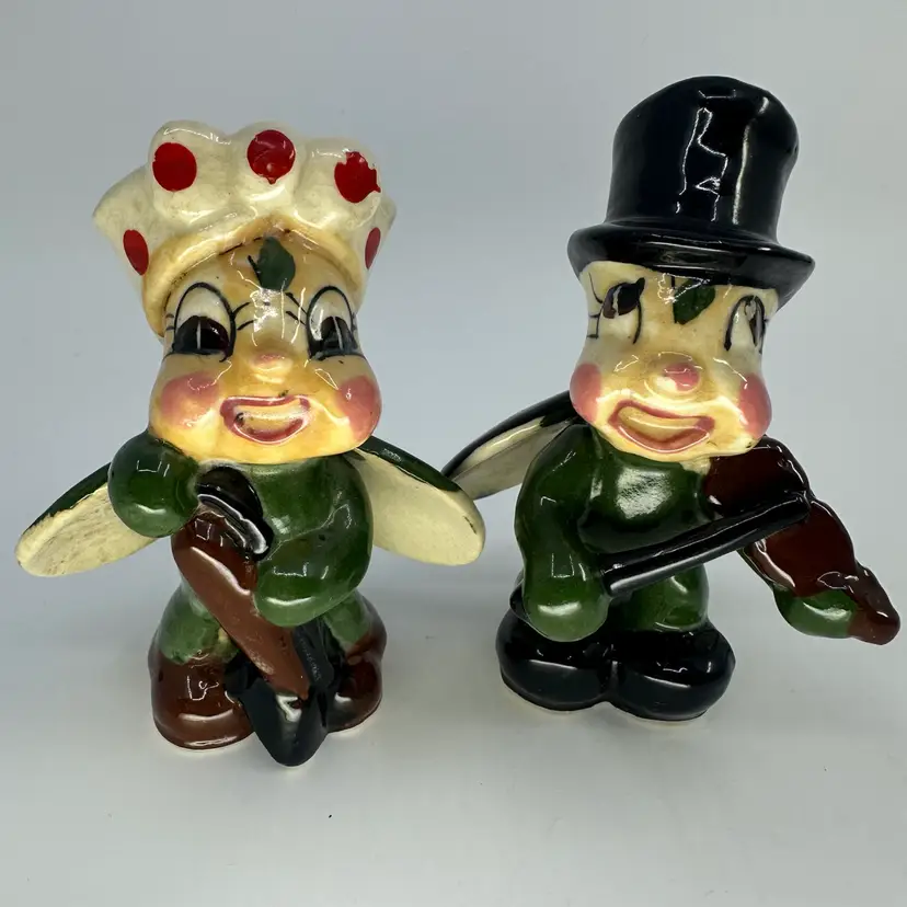 Anthropomorphic Ladybugs With Broom & Violin Occupied Japan 1940-50's
