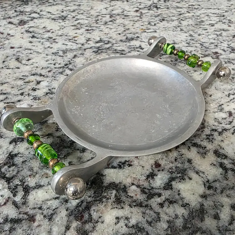 Vintage Trinket Tray w/Green Beaded Handles