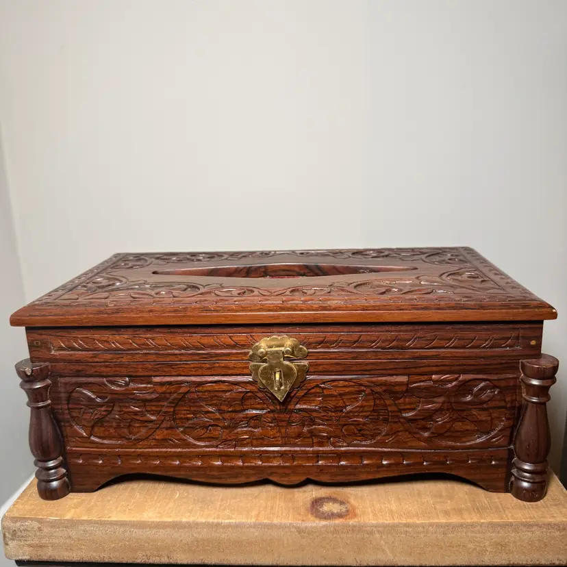 Hand-Carved Floral Wood Tissue Box Holder with Red Velvet Lining