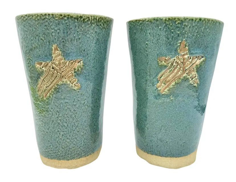 Set of 2 Studio Art Pottery Tumbler Cup Aqua Blue Gold Star Arrow Mark 5.75”