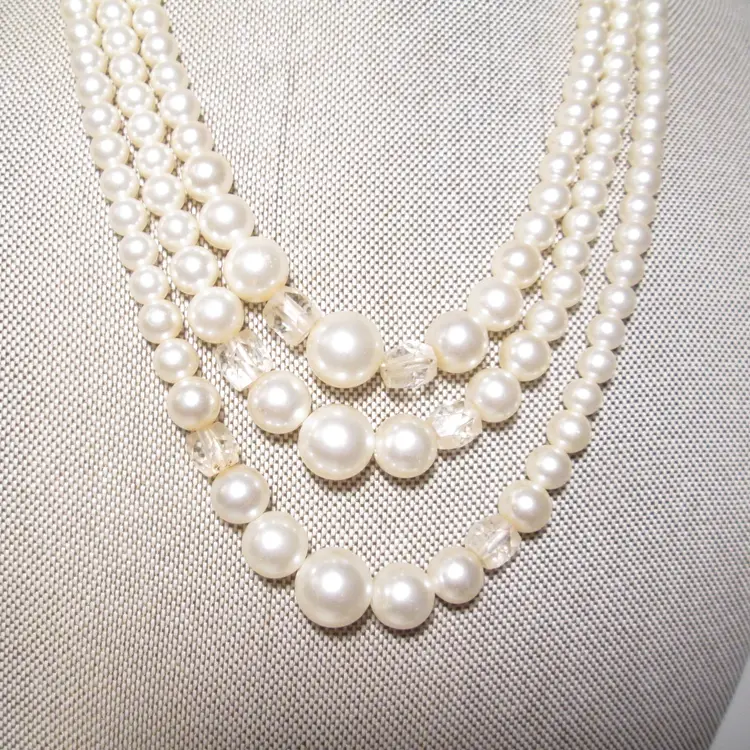1950's Triple Faux Pearl Necklace with Faceted Crystal Glass Details