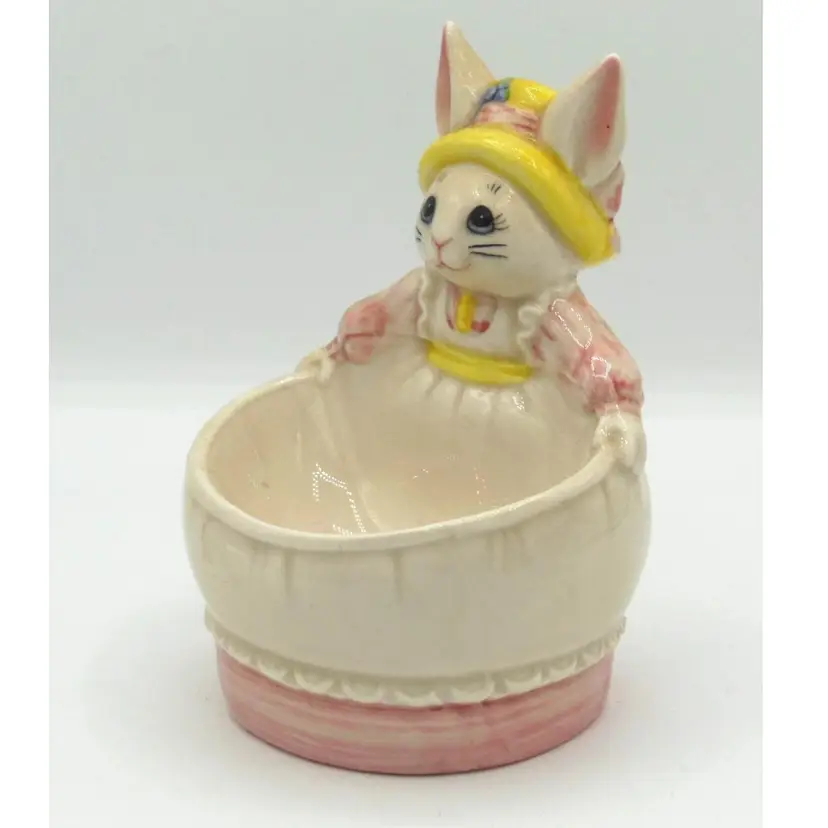 Vintage Ceramic Bunny Holding Dress Trinket Dish, Ring Holder, Candy Bowl, JAPAN, EASTER, Rabbit, Anthropomorphic