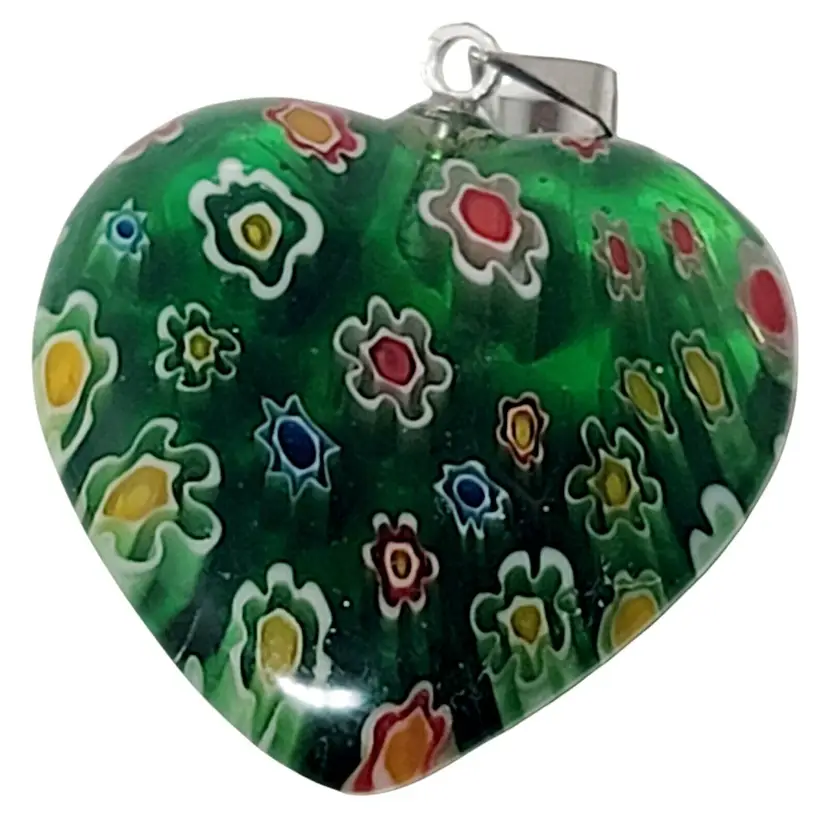 Emerald Green Lucite Millefiori Heart Pendant  1" Tall 18KPG Gold Plated