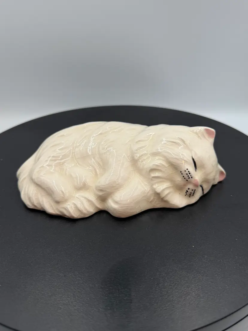 Vintage Small White Ceramic Cat Sleeping Statue Decor