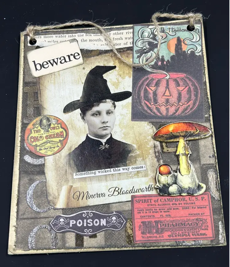 Creepy Halloween Witch Collage Jack O’Lantern Mushrooms Mixed Media Decor