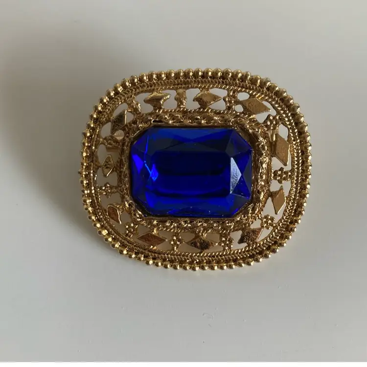 Vintage Gold Filigree Brooch With Faux Sapphire