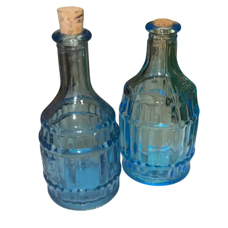 Two Miniature Blue Barrel Bottles Taiwan UV Glow