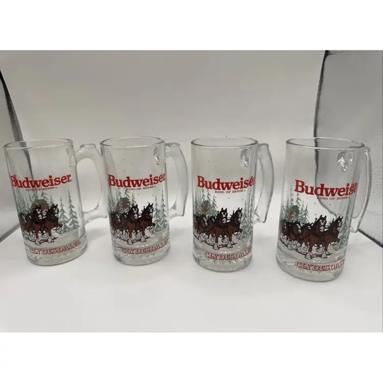 Vintage 1989 Anheuser Busch Budweiser Clydesdales Christmas Beer Mug Stein Glass Set of 4 (16oz)