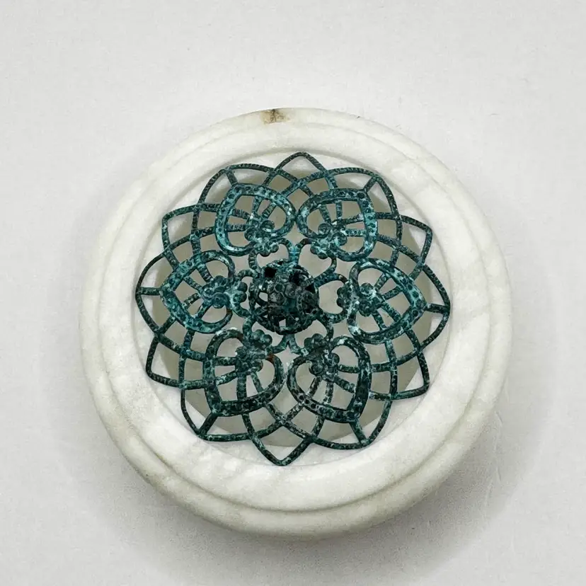 Vintage Alabaster Hand Carved Trinket Box Metal Filigree Lid, By Rossi Volterra, Made in Italy