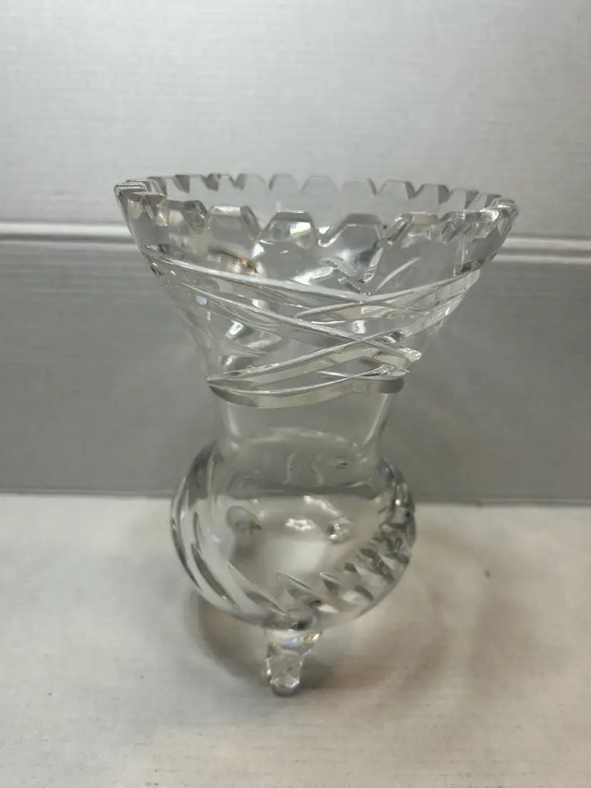 Vintage East German Lausitzer Glass 24% CrystalFooted Vase Hand Cut Sawtooth Rim
