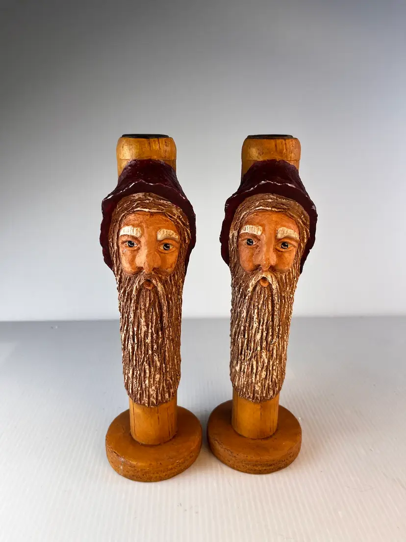 Hand Carved painted Vintage Folk Art Santa Tree Spirit 9” Tall Candle Holders 2