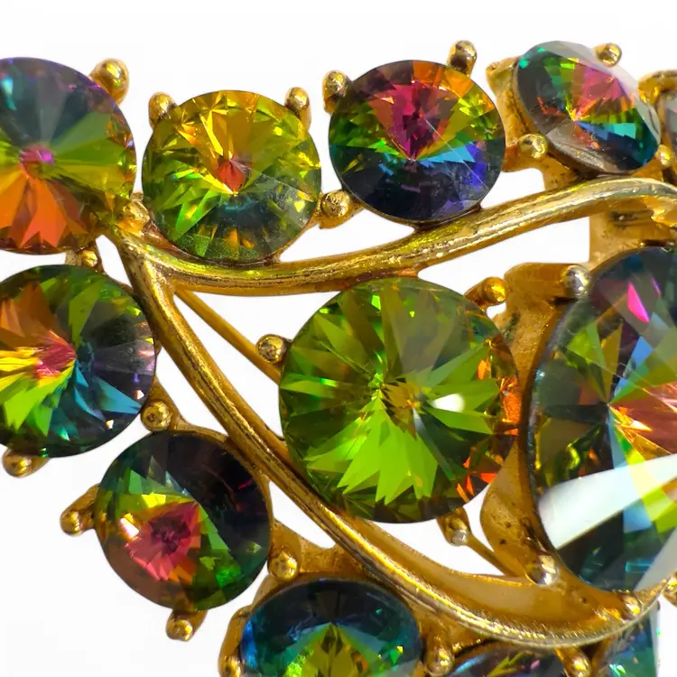 Signed Lisner Multicolores Green Rivoli Leaf Brooch