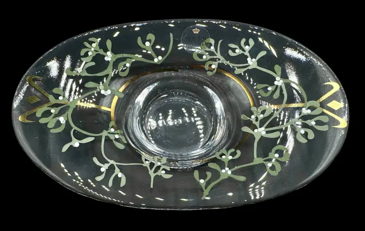 Holmegaard Denmark Glass Annual Christmas Candle Holder Gold Green Mistletoe