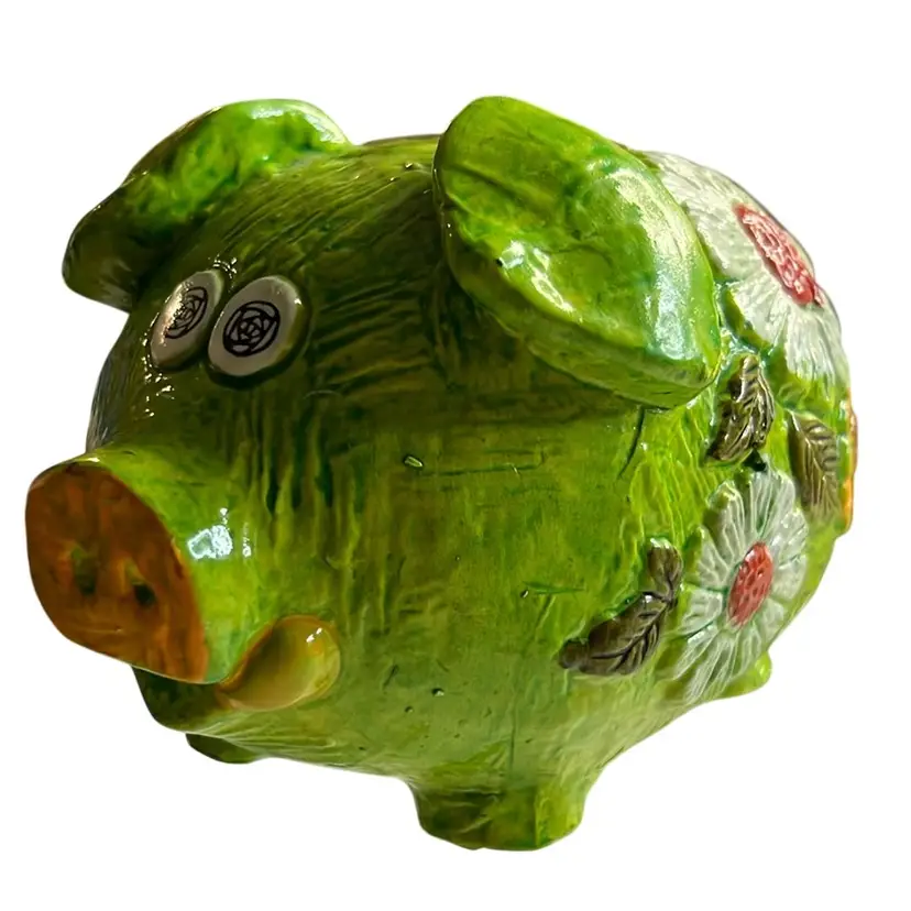 Vintage Green Pig Piggy Bank w Colorful Flowers