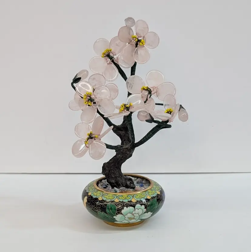 Vintage Chinese Rose Quartz Bonsai Tree Cherry Blossom Cloisonné Pot Rock Chips