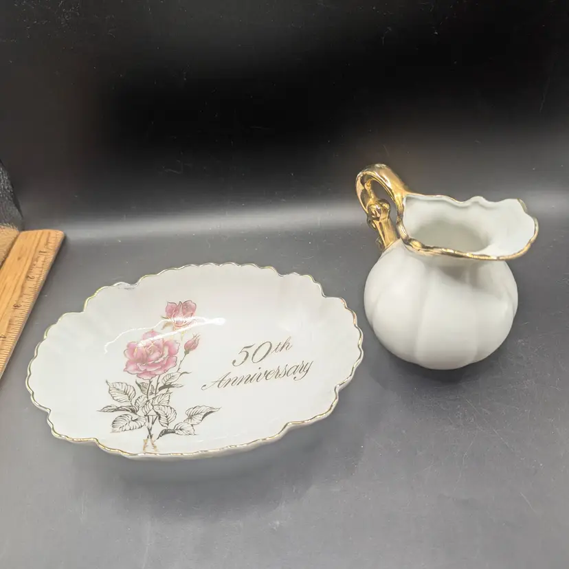 Vintage Lot of 2 Trinket Dish 50th Anniversary and Creamer Gold Trim