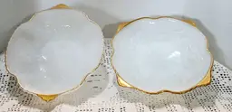 2 Milk Glass Fruit Bowls with Grape Pattern Embossed and Gold Gild.