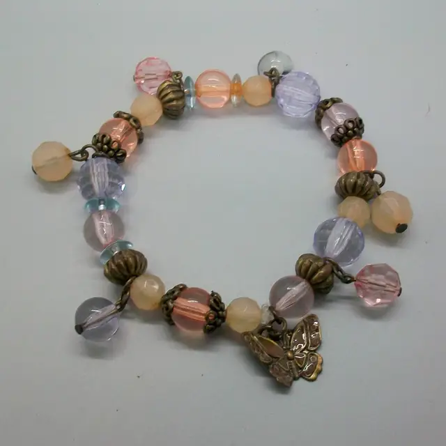 Pastel Pink Purple Brown Beads Stretch Bracelet with Brown Enamel Butterfly Charm 8