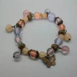Pastel Pink Purple Brown Beads Stretch Bracelet with Brown Enamel Butterfly Charm 8"-9"